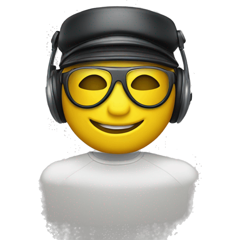 smiley yellow face wearing aviator glasses and racing headset and cap  emoji