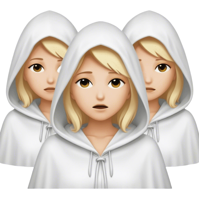 3 mysterious women with blonde hair  in white hooded cloaks that cover their eyes emoji