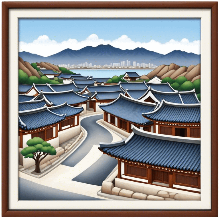 Cinematic Realistic Bukchon Hanok Village Landmark Emoji, depicted with traditional Korean houses set against a scenic backdrop rendered with detailed textures and warm, inviting lighting. emoji