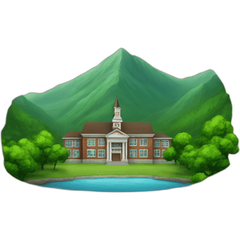 school with a beautiful green mountain in the background emoji