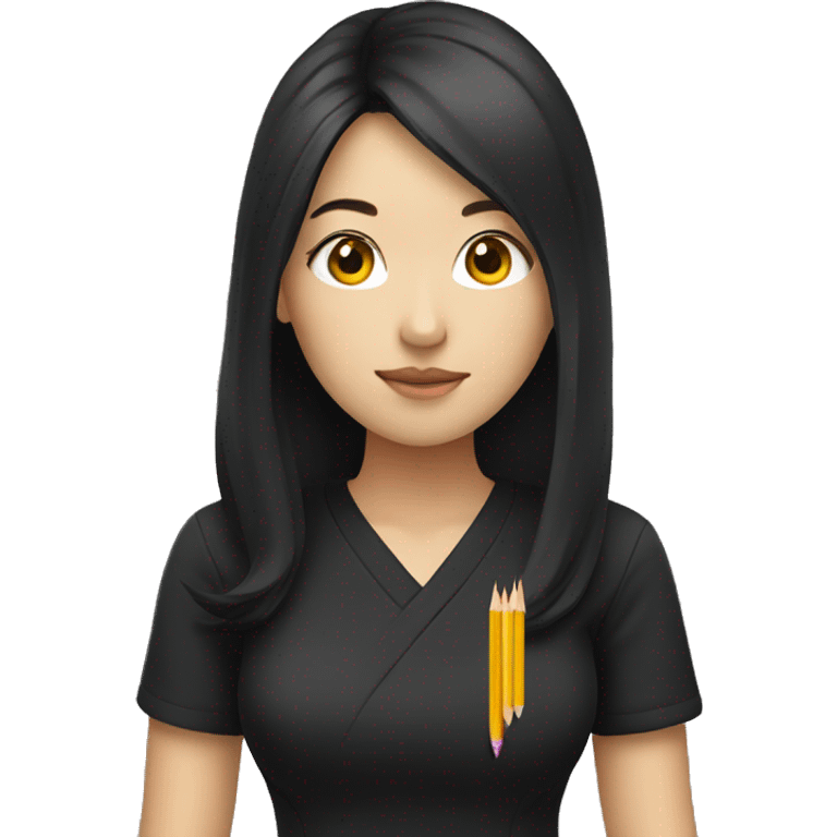 korean woman, long black hair, black shirt, holding yellow pencil emoji