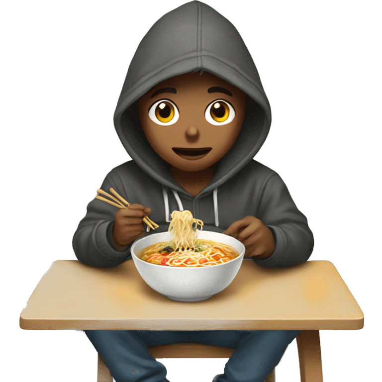 A boy wearing a hoodie sitting on a chair eating ramen emoji