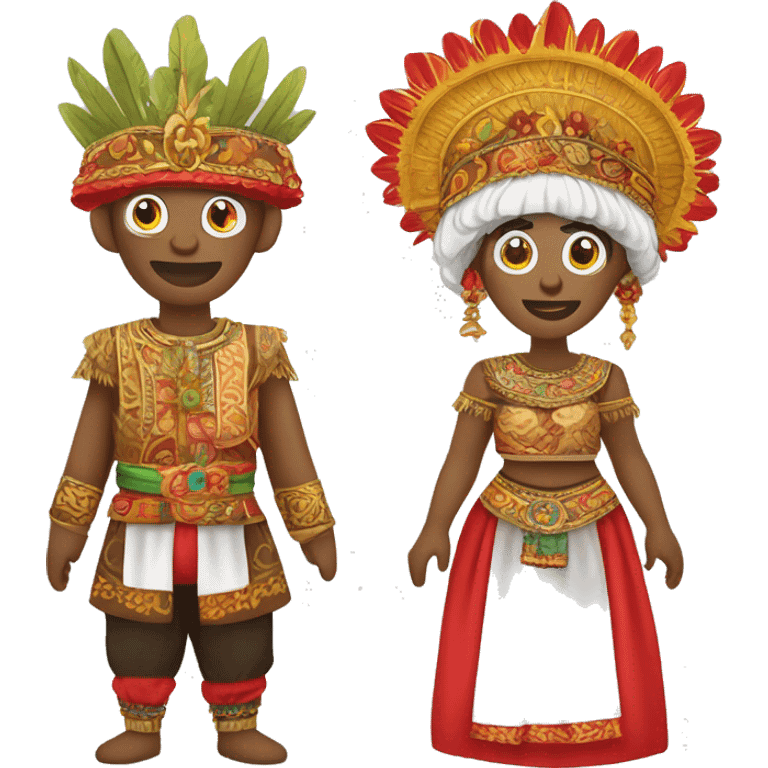 Create an emoji set for the traditional Indonesian ondel-ondel puppets. The male has a red face and fierce features, the female a white face and soft features. Both wear vibrant Betawi clothing and tall, crown-like headdresses with colorful decorations. emoji