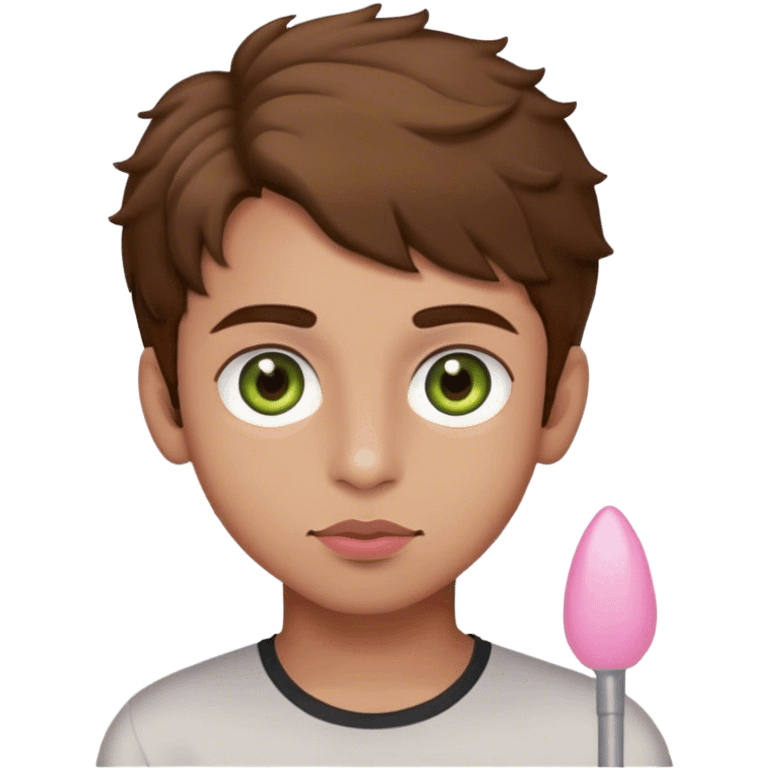 Pakistani boy  with hazel green eyes, brown hair slightly curly, and olive to light skin, and pink lips emoji