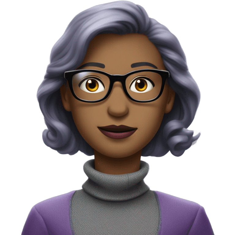 Full torso of Tv show young Diana I Prince wearing grey suit with silk voile  purple turtleneck and black eyeglasses  emoji