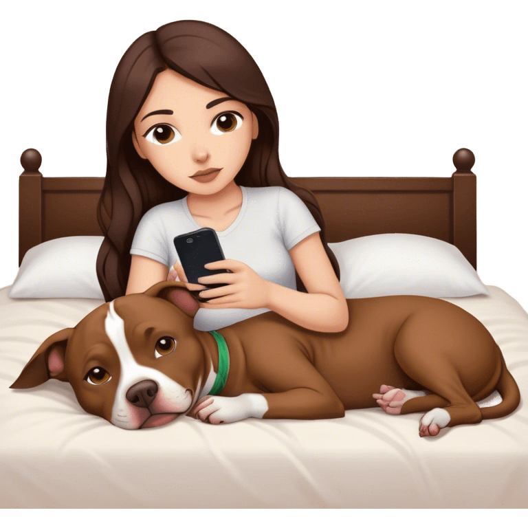 Girl long dark brown hair lays on her bed with her cell phone and her brown pit bull lays guarding her emoji