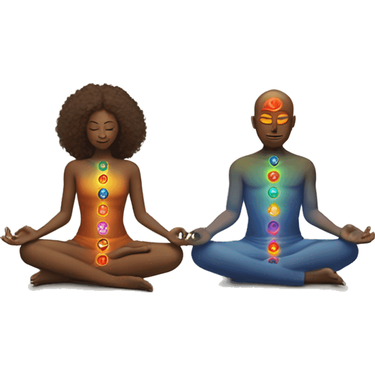 White skin Man and woman lovers with 7 chakra symbols meditating emoji