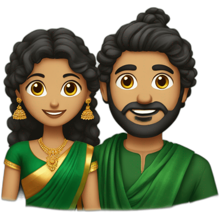 south indian girl with curly hair wearing dark green saree marrying south indian guy with straight hair and beard wearing dhoti emoji