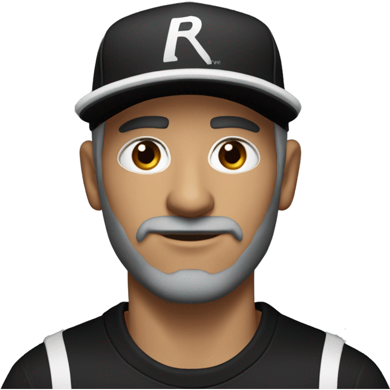 An adult white skin portrait of male with stubble and a slightly gray beard, brown hair, black eyes, wearing a black Reebok cap with a round emblem on his head, and a black sweater with three white stripes on the sleeves underneath. emoji