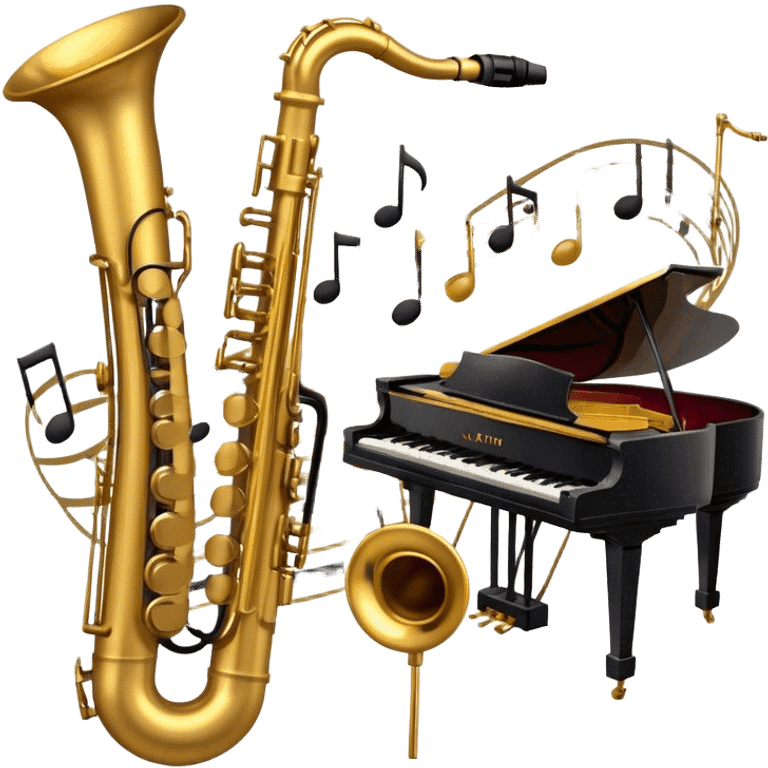 Create a vibrant emoji representing jazz vocal performance. The design should feature a vintage microphone, with musical notes swirling around it, symbolizing the improvisational and expressive nature of jazz singing. Add subtle elements like a jazz trumpet and saxophone in the background to represent the ensemble often accompanying jazz vocals. Include a set of piano keys or a grand piano in the design to reflect the jazz club atmosphere. Use warm, rich colors like deep gold, black, burgundy, and silver to create a soulful and elegant vibe. The background should be transparent. emoji