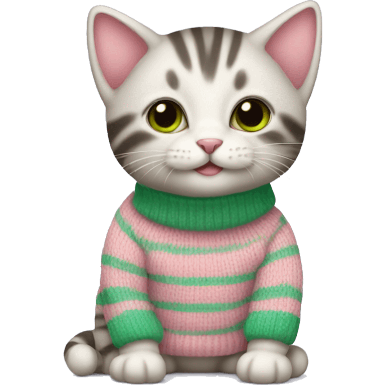 Baby cat wearing pink and green stripe sweater emoji