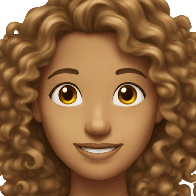 young woman tanned skin brown eyes brown long curly hair smiling happy emoji