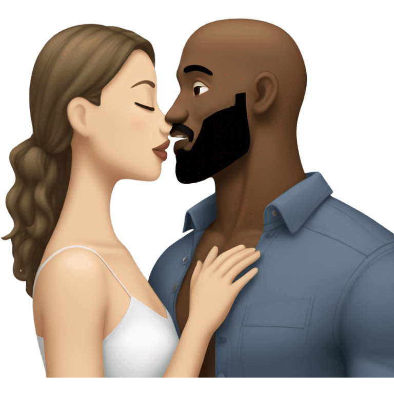 White brunette kissing muscular black bald man with beard emoji