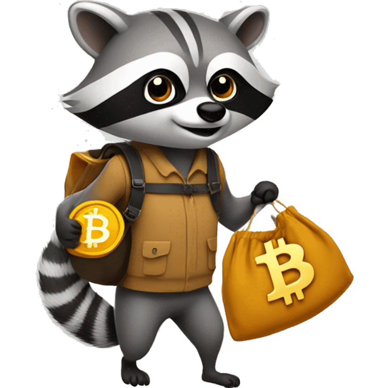 racoon carrying a bag of bitcoin with a smirk face emoji