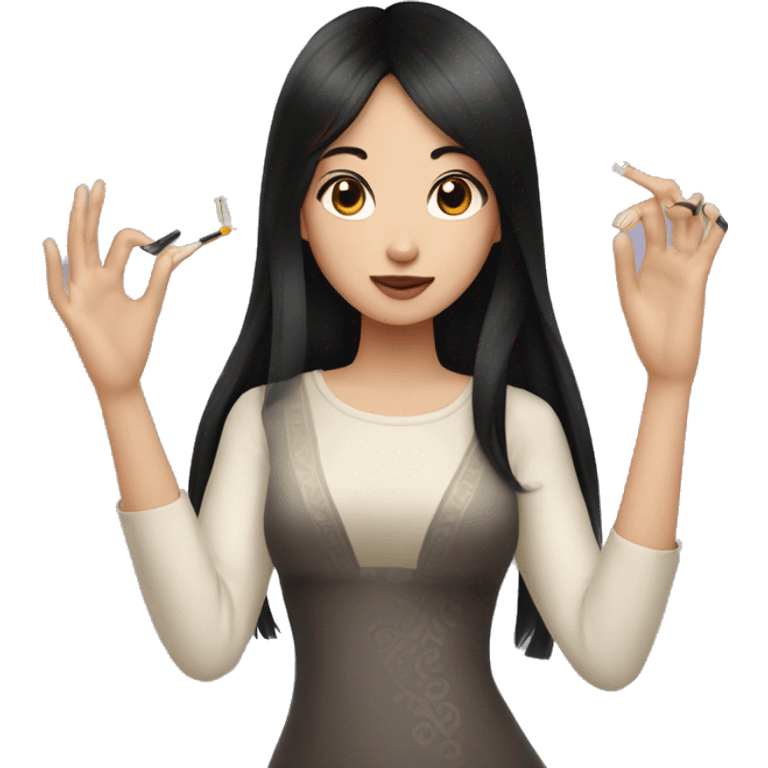 Asian girl with long black hair and side swept bangs doing her long nails emoji