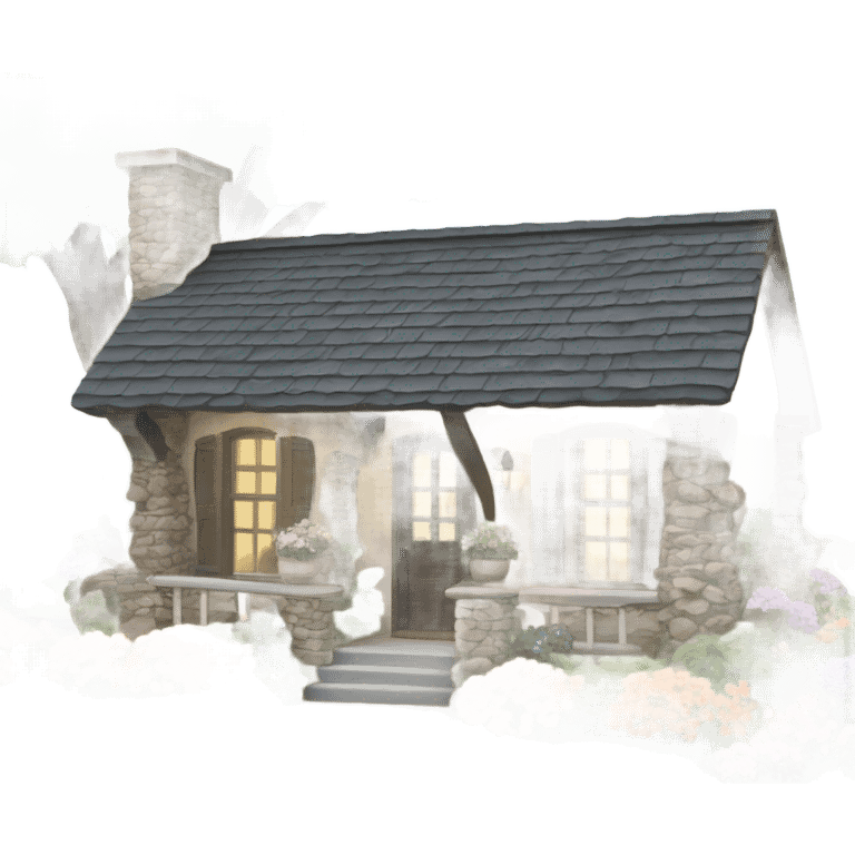 Quaint stone cottage with front porch and flowers emoji