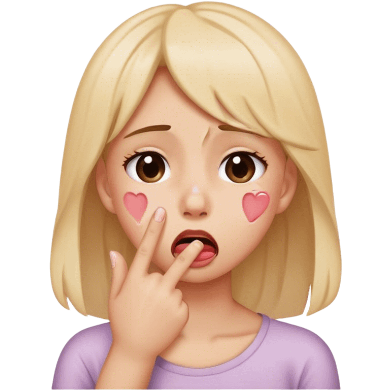 Girl crying and covering mouth and making finger heart emoji