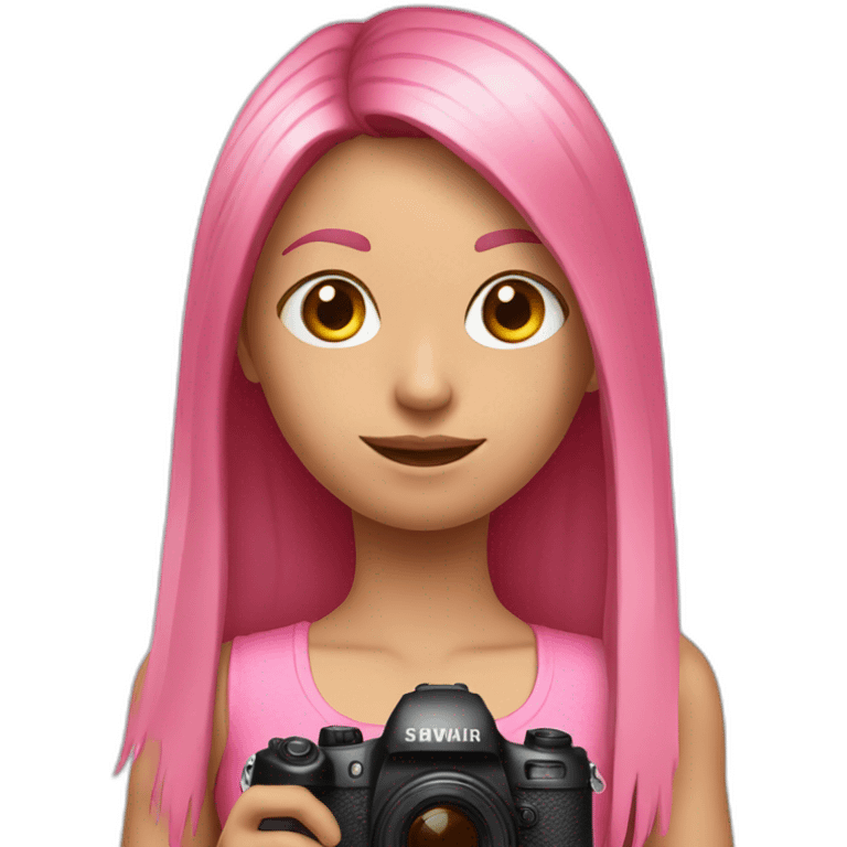 girl with long, straight rose hair and fringe and holding camera and wearing pink tank top emoji