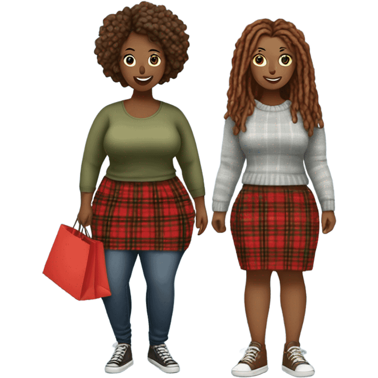 Curvy woman gray locs shopping ,  other curvy woman is brown with red locs in a skirt with plaid sweater shopping emoji