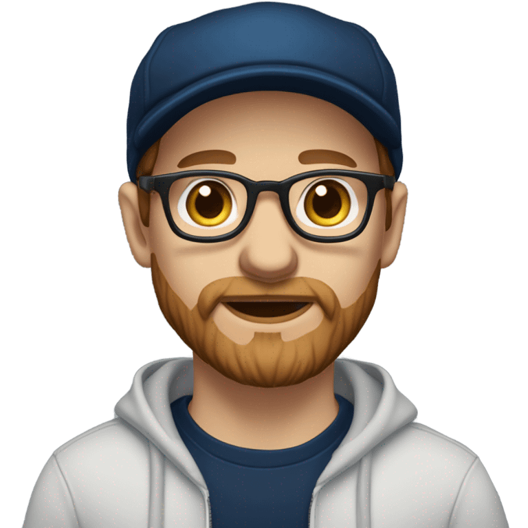 a white dude with blue eyes a brown beard and sideburns and thin frame glasses wearing a black newsboy hat a navy blue pull over hoodie and dark blue t shirt emoji