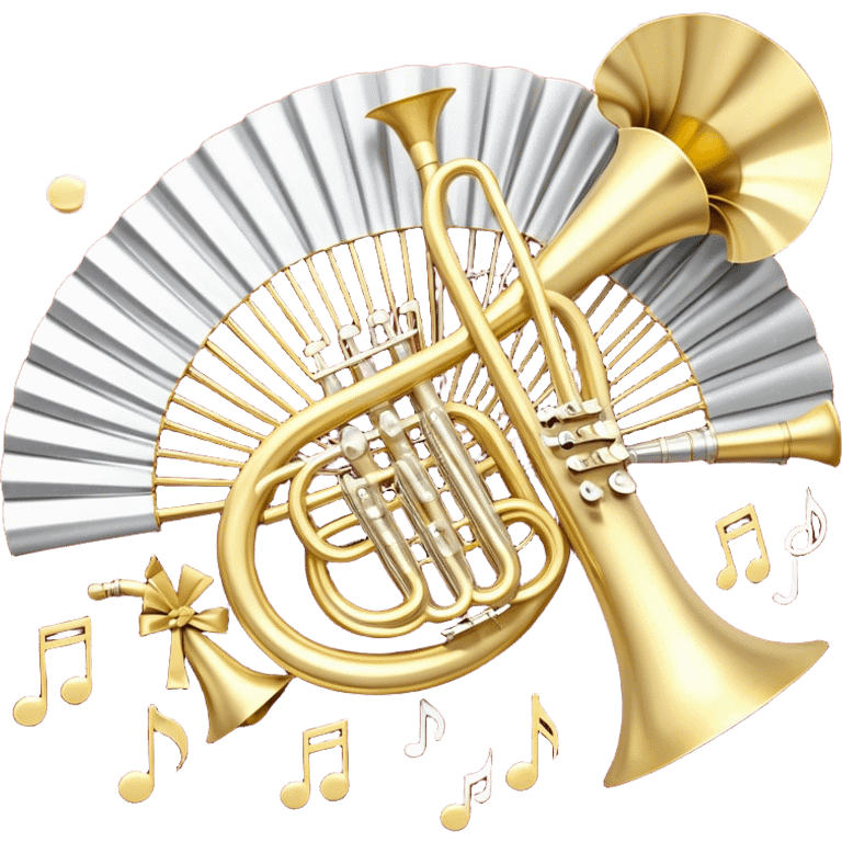 Create a festive and elegant emoji collage featuring a bouquet or fan of bells of wind instrument  (trumpets, saxophones, trombones, tubes, etc.) arranged in a radiant, symmetrical pattern. The instruments should have polished, golden and silver finishes, with their large, shiny bells forming a beautiful, fan-like display. Include a flowing ribbon of musical notes swirling through the center, conveying movement and melody. The background should feature a deep red velvet texture, adding a touch of luxury and sophistication. The overall composition should be balanced, with an elegant and regal feel, with a transparent background to keep focus on the instruments and musical elements. emoji