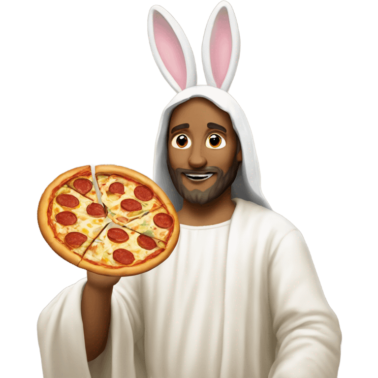 The Easter bunny and Jesus eating pizza emoji