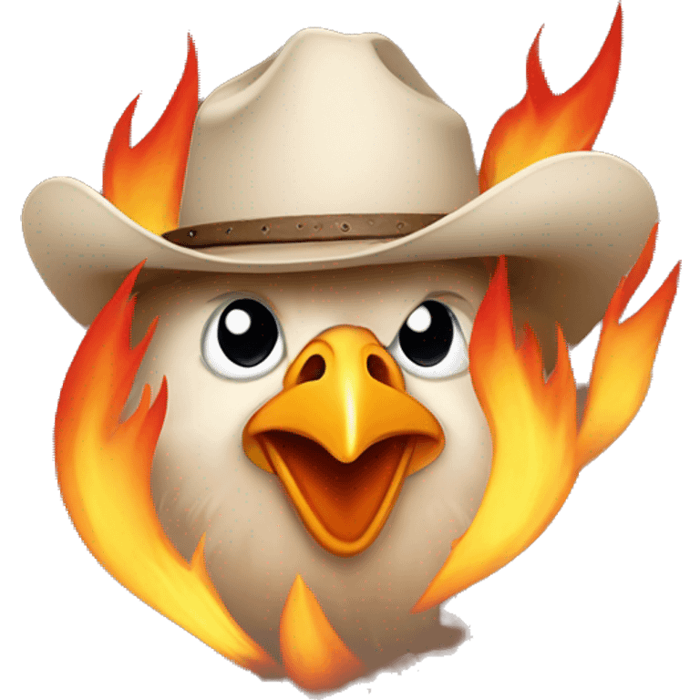 chicken wearing cowboy hat in front of flame emoji  emoji