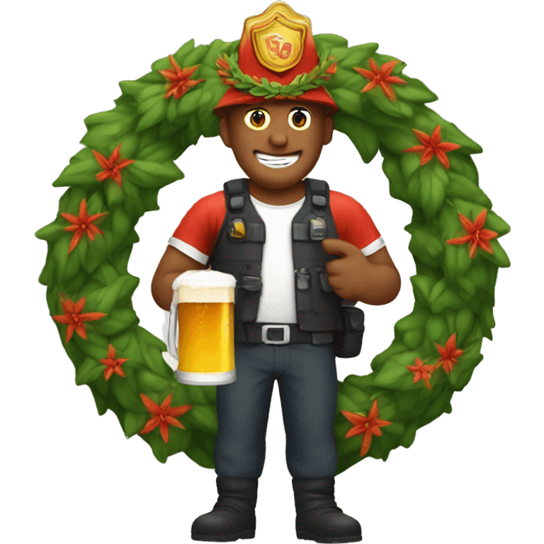 fireguy with wreath on his head and beer in his hands emoji