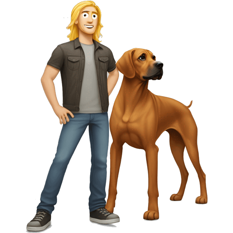 white male with long rainbow colored hair standing alongside a brown rhodesian ridgeback emoji