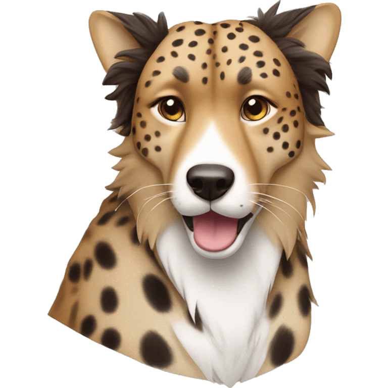 A cheetah wearing a brown bow and chilling with a border collie ￼ emoji