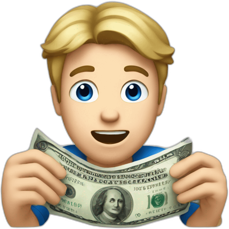 White guy with dark blond hair and blue eyes holding a euro bill with both hands acting surprised emoji