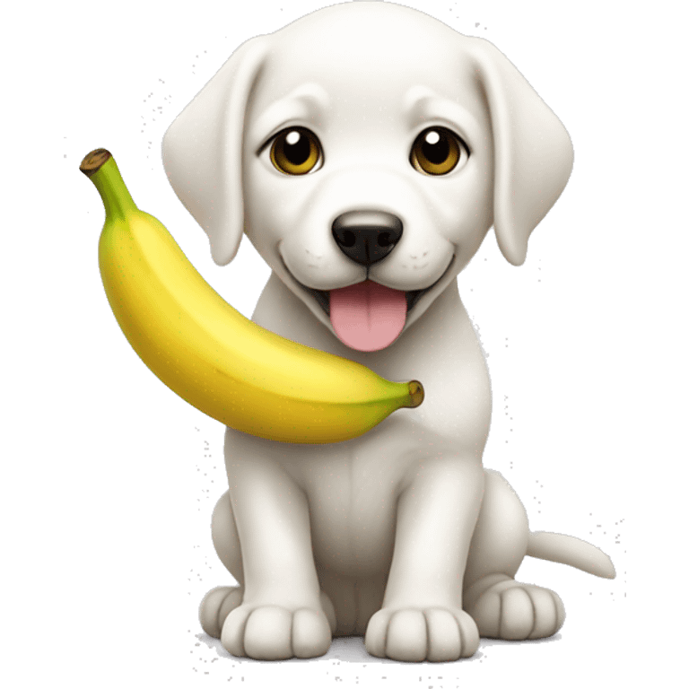 White puppy wearing a banana emoji