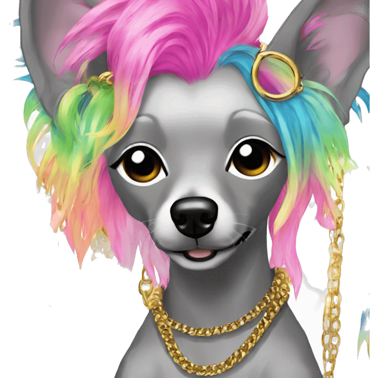 Punk Chinese crested dog neon rainbow hair gold chain piercings tattoos ear piercings emoji