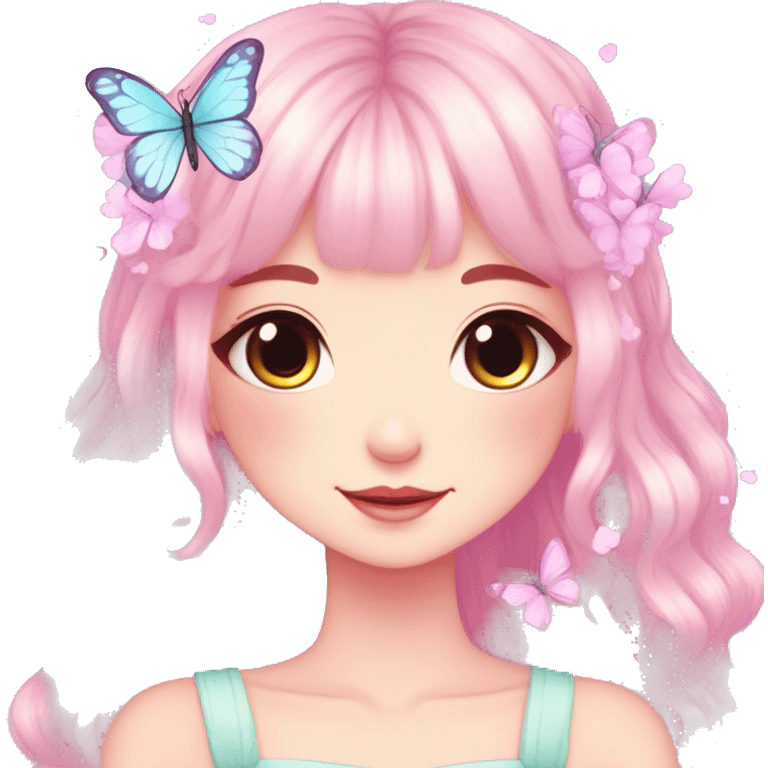 Cute kawaii gorgeous pretty anime cartoon pastel lady with butterflies and beautiful hair fairycore cottagecore emoji