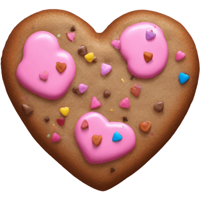 a brown cookie shaped like a heart with pink icing and confetti sprinkles  emoji