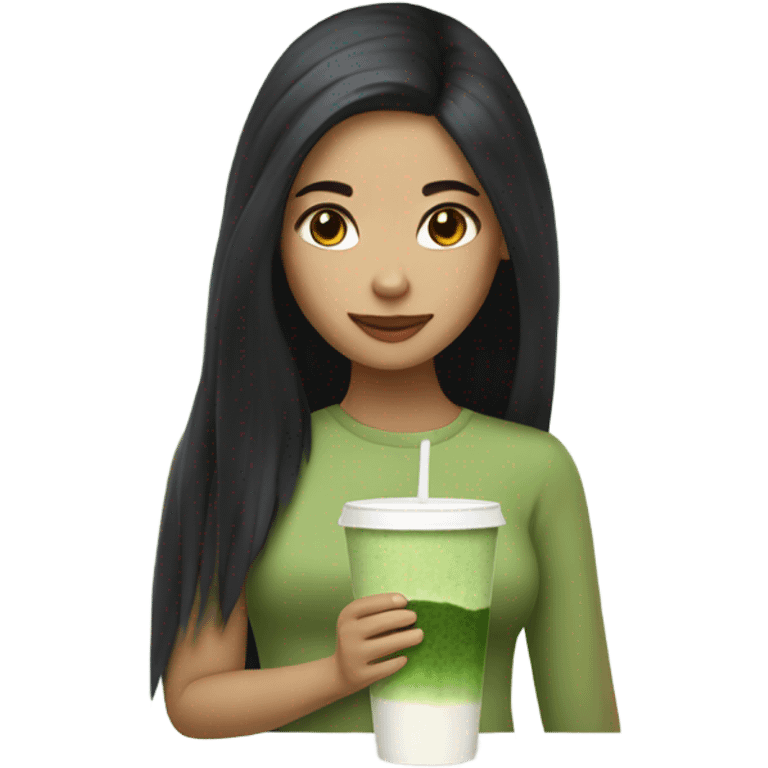 female with long black hair holding an iced matcha emoji