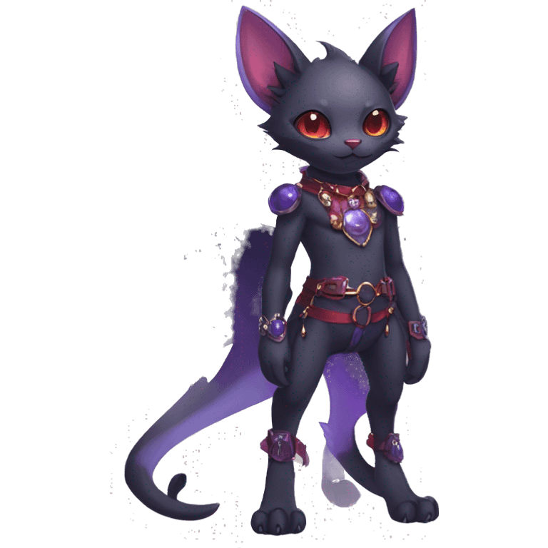 cool kawaii edgy black purple red ethereal fantasy beautiful elegant nargacuga-bat-cat-Fakemon wearing legs spats a collar harness with jewelries full body emoji