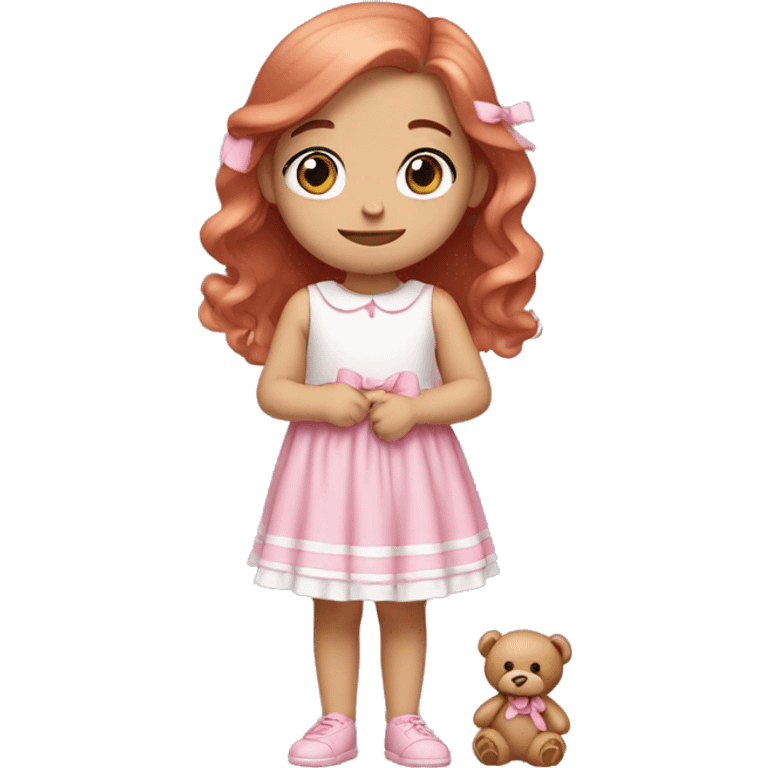 Little Girl with White skin, blue eyes. Light brown and red hair with pink bows.  She is wearing a pink and White dress, standing and holding on to a teddybear with a pink bows. emoji