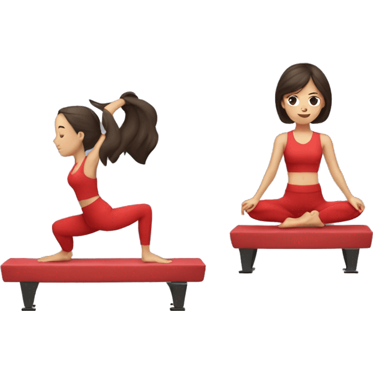 girl with dark brown hair wearing a red yoga set doing pilates on a reformer emoji