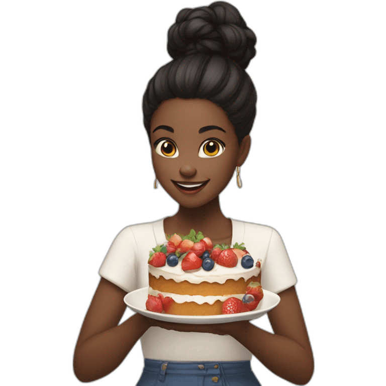 A black girl, black hair in a bun, eat cake throwing fruits away emoji