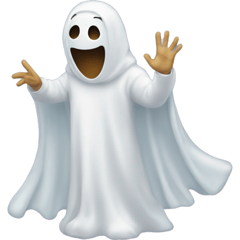 friendly person in ghost costume waving for halloween emoji