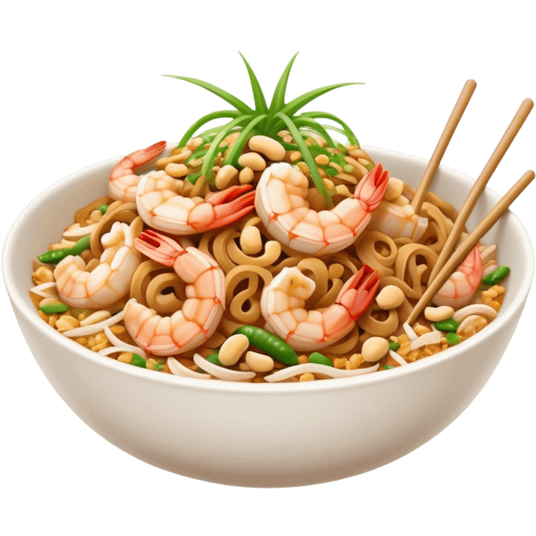 Cinematic Realistic Pad Thai Dish Emoji, depicted as stir-fried rice noodles with shrimp, tofu, peanuts, and bean sprouts rendered with vibrant textures and dynamic, appetizing lighting. emoji