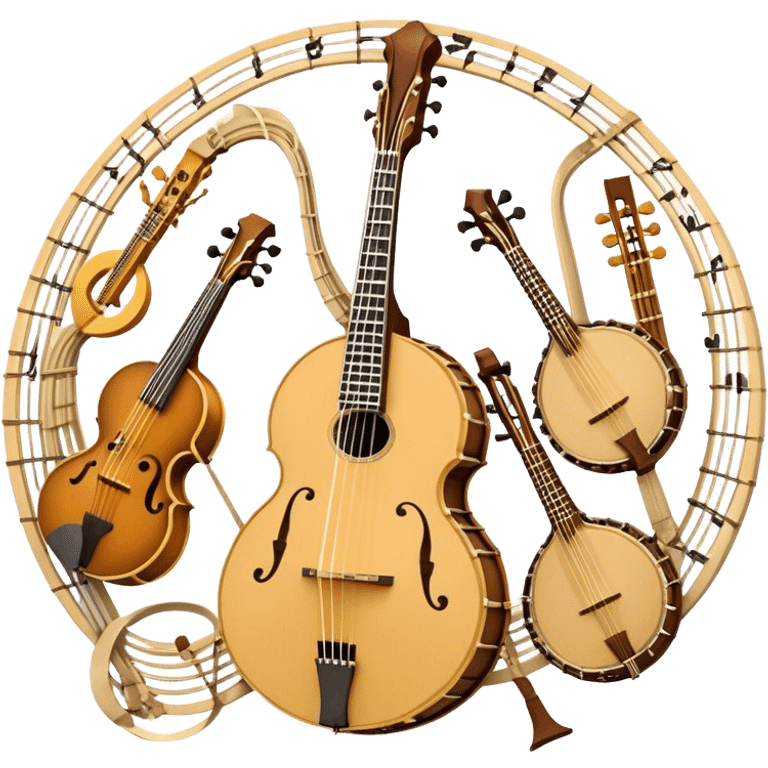 Design a complex and festive emblem-like emoji representing plucked string instruments, such as a banjo, mandolin, domra, sitar, and similar instruments. The composition should resemble a heraldic crest, with the instruments arranged symmetrically and gracefully, their necks intertwining with a flowing ribbon of musical notes. The ribbon should weave through the strings and headstocks, symbolizing the harmonious connection between the instruments. Use detailed engraving on the instrument bodies and fretboards to emphasize their craftsmanship. Incorporate rich, celebratory colors like gold, mahogany brown, deep green, and vibrant accents. Add subtle shading and light reflections to create a three-dimensional, polished look. Include ornate elements like swirls, laurel leaves, and decorative flourishes to enhance the festive and professional appearance. The background should be transparent to highlight the emblem as a standalone piece. emoji