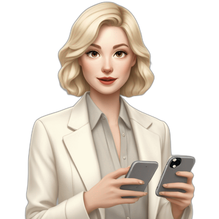 pale skin woman with ash blonde Straightened bob Hair, White Spacious classical jacket, beige palazzo Arrow pants and gray blouse holding white IPhone 14 pro in the hands emoji