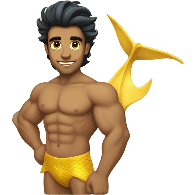 Tan muscular merman with yellow mermaid tail, dark hair and stubble  emoji