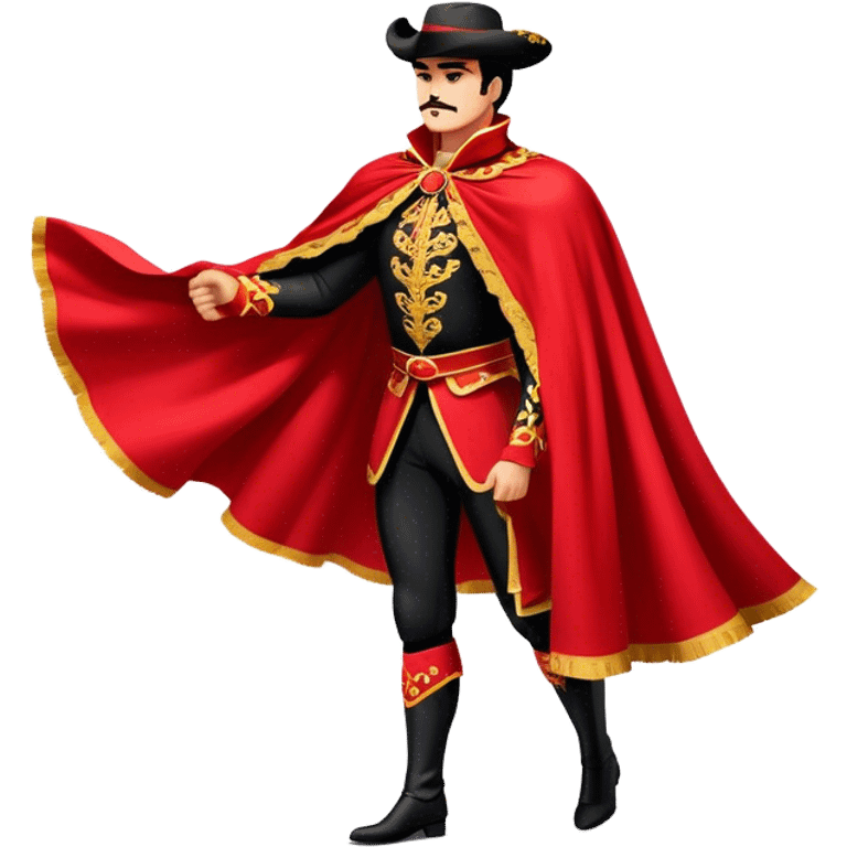 ​Cinematic Spanish Matador Holding a Red Cape, rendered with dynamic motion blur and vivid, high-contrast lighting, emoji