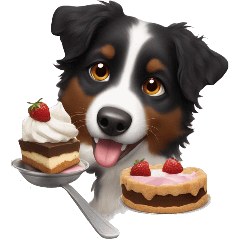 Small black australian shepherd dog eating dessert  emoji