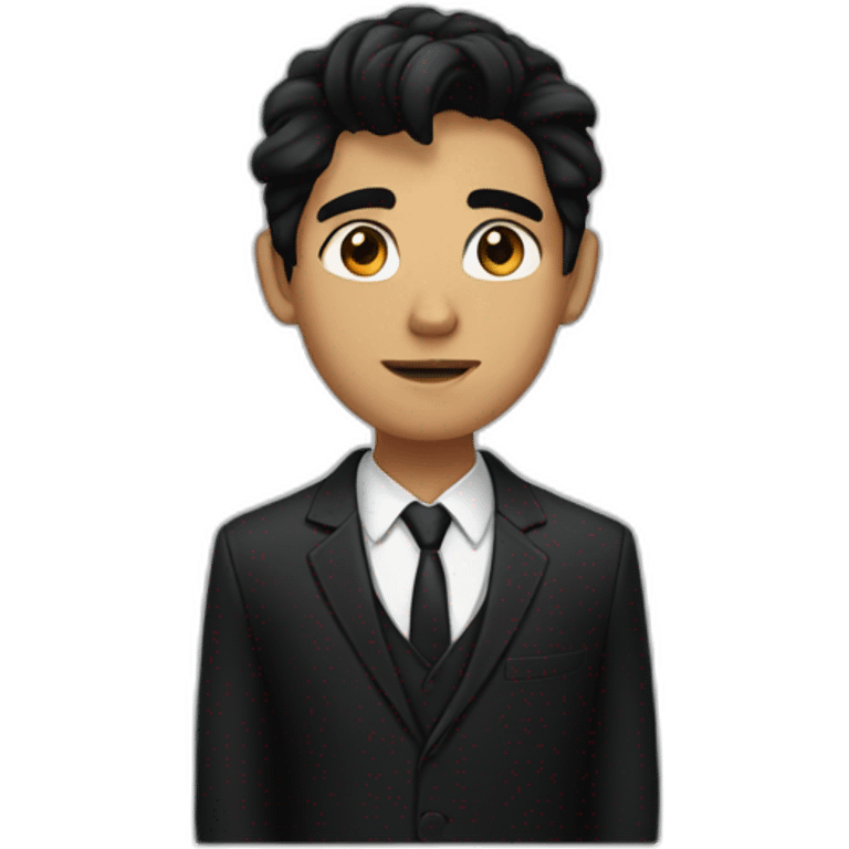 young man with black hair and black eyes and a black suit and hair to the left emoji