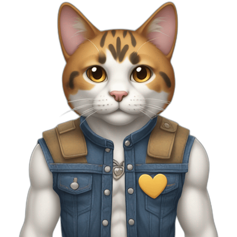 Meowscles is a muscular and humanoid calico cat without in blue jeans. He has a heart with "Lynx" written inside of it tattooed on his right bicep. emoji