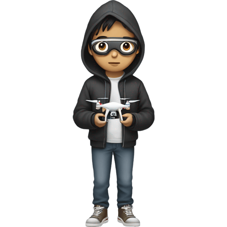 full body, male asian teenager in hoodie standing, holding a drone controller, wearing a goggle emoji